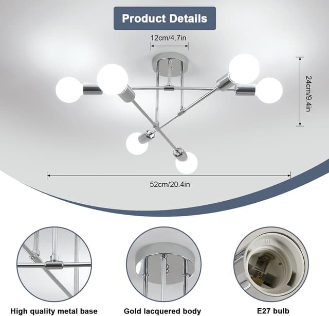 Detalle 2 de Comely Lamparas Sputnik Vintage, Cromo, 6 Luces, Ángulo Ajustable 😊