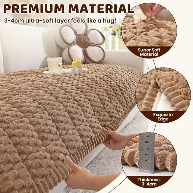 Detalle de Royhom Copridivano spesso in peluche corto marrone 50 x 60 cm con antiscivolo