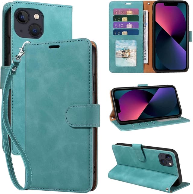 Detalle de GOTOURED Handyhülle für iPhone 13 mit Klappfunktion, RFID-Blockierung, Kartenfächern, Magnetverschluss, Ständer & Handgelenksgurt (Grün)