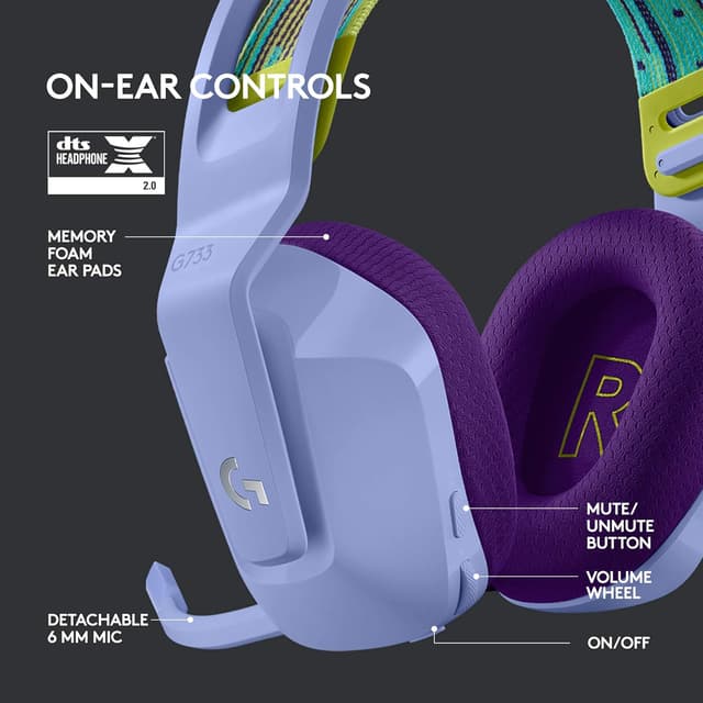 Detalle de Logitech G G733 LIGHTSPEED Wireless Gaming Headset (Lilac) with PRO-G audio drivers and LIGHTSYNC RGB