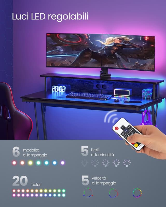 Detalle 2 de VASAGLE Scrivania da gaming LWD192B56 con luci LED, supporto per 2 monitor e prese di corrente, 60 x 120 x 76 cm