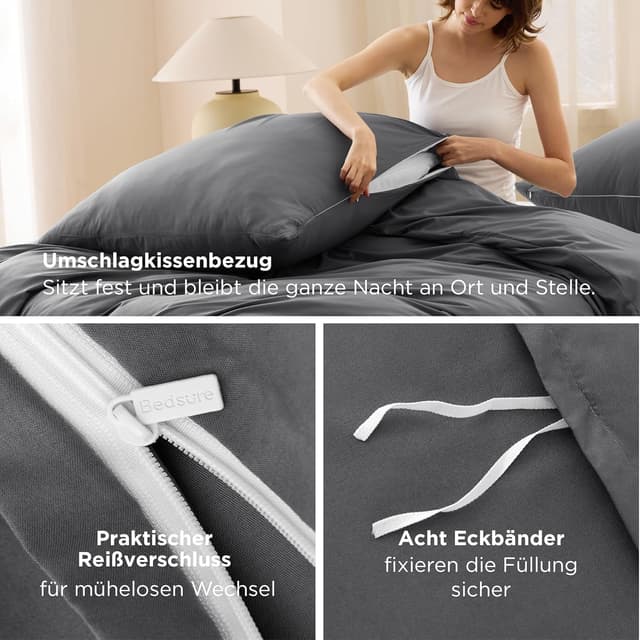 Thumbnail 6 de BEDSURE Bettwäsche 155x220 3-teilig Anthrazit: 1 Bettbezug + 2 Kissenbezüge (80x80), mit Reißverschluss