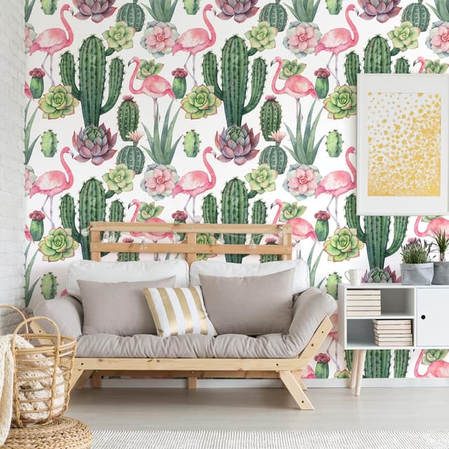 Thumbnail 1 de VEELIKE Watercolor Cactus Flamingo Wallpaper 44.5×300cm