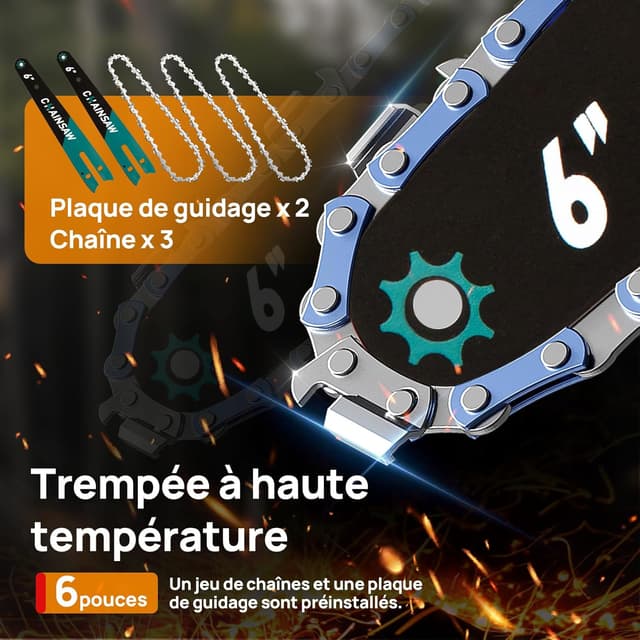 Thumbnail 6 de VIWKO Mini tronçonneuse sans fil 6 pouces 1000 W brushless, compatible Makita 18V (2 batteries 2000 mAh + 3 chaînes)