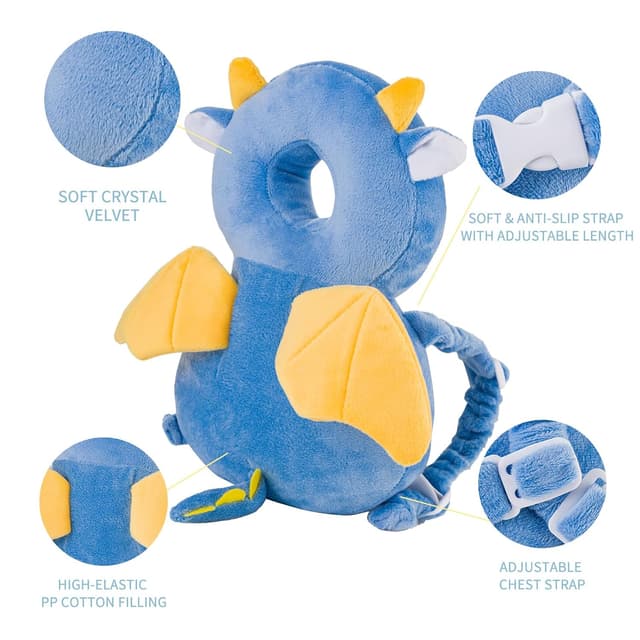 Detalle 2 de Baby Kopfschutz Rucksack für Kleinkind & Säugling – elastische Tragehilfe mit verstellbaren Gurten (Drache)