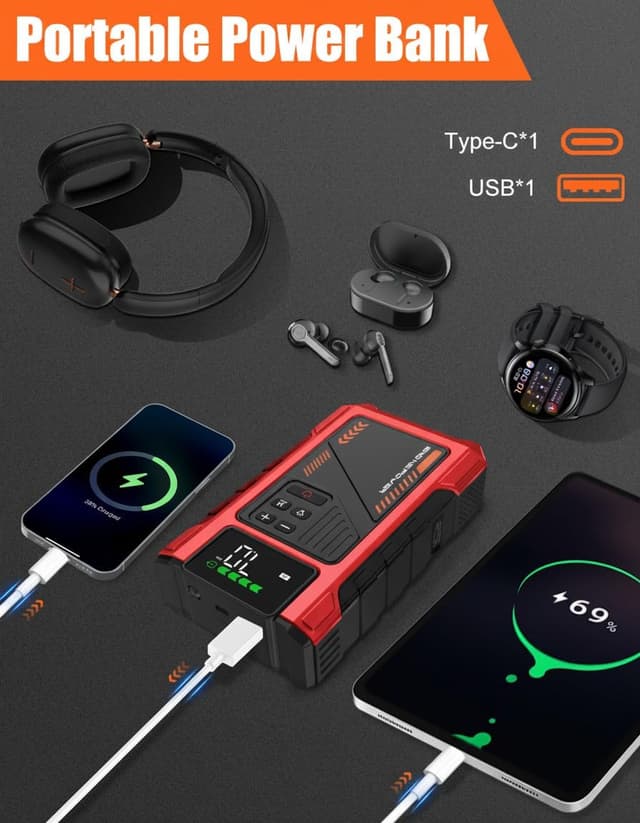 Detalle de Eigotrav 6000A Jump Starter Power Pack with 150 PSI Air Compressor (12V, LCD, LED light, 10L petrol / 8.5L diesel)