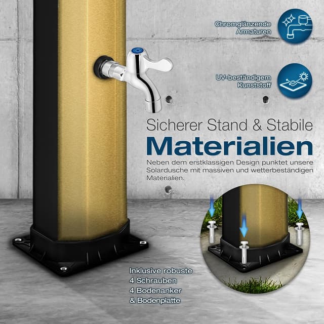 Detalle de tillvex Solardusche 60 Liter inkl. Abdeckung – warme Gartendusche für Pool, Camping & Garten ohne Stromanschluss