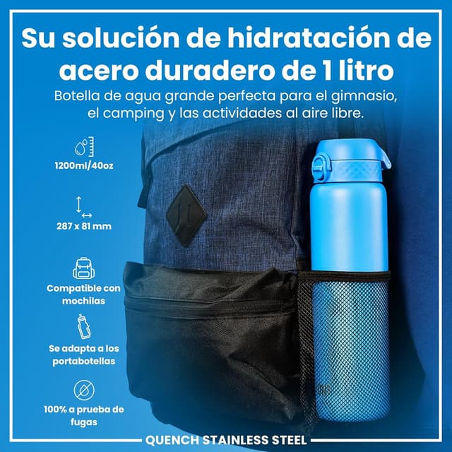 Detalle 2 de Ion8 Botella de Agua Inox 1L 🚰 Sin Aislamiento, Sin Fugas