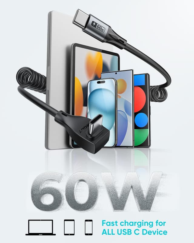 Detalle de SUNGUY USB‑C Spiralkabel Winkel 90° (1,5 m) – 60W Lade- & Datenkabel für Auto, Android Auto/CarPlay