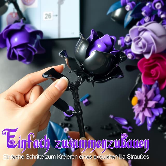 Detalle de PENGBU RC Lila Rosen Blumenstrauß Klemmbausteine – 822-Teile Blumen-Bauspielzeugset für Erwachsene