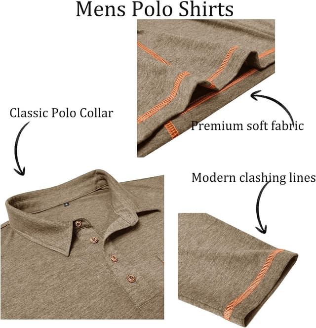 Detalle 2 de Volemo men’s long sleeve polo shirts in cotton with pocket – casual golf tops