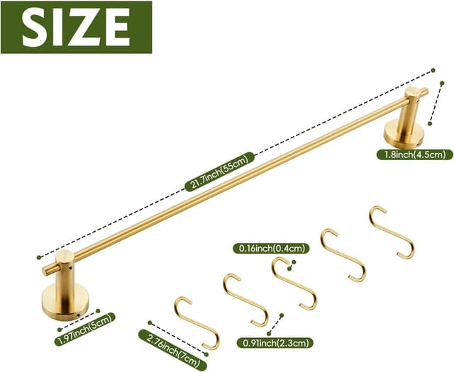 Detalle de YIGUANXIN 22 inch (55.2cm) bathroom towel rack with 5 detachable hooks, wall mounted in brushed gold