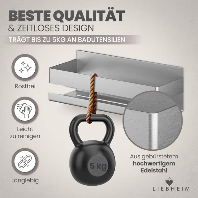 Detalle de LIEBHEIM Duschablage ohne Bohren – Badregal & Duschkorb mit Edelstahlablage, Klebemontage und Haken