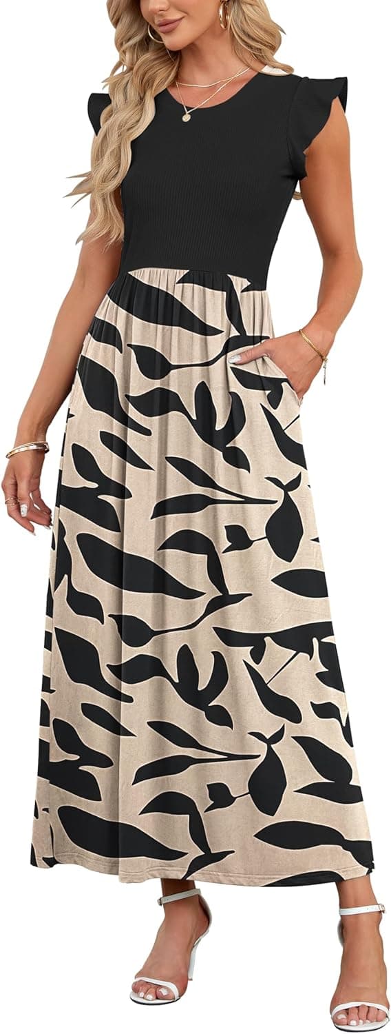 Detalle de AUSELILY Damen Sommer-Maxikleid mit Rundhalsausschnitt, Taschen und Rüschen