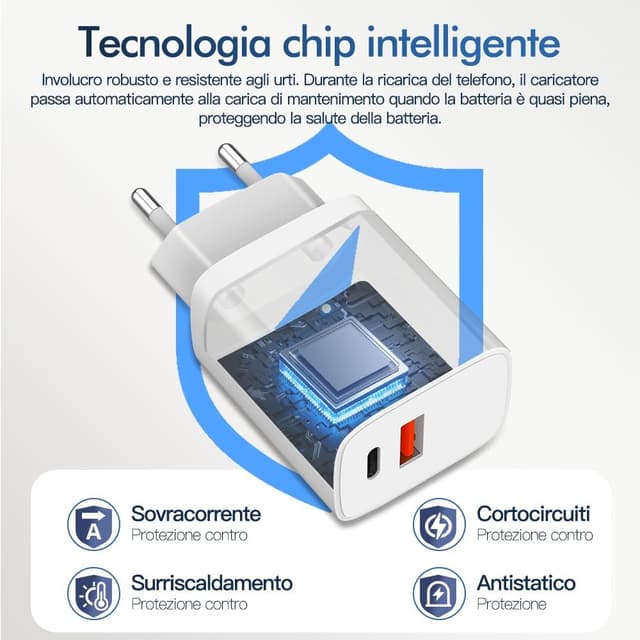 Detalle 2 de Caricatore USB-C multi-alimentazione PD 20W + QC 3.0 con testina di ricarica rapida (standard europeo) per iPhone, iPad e Samsung Galaxy