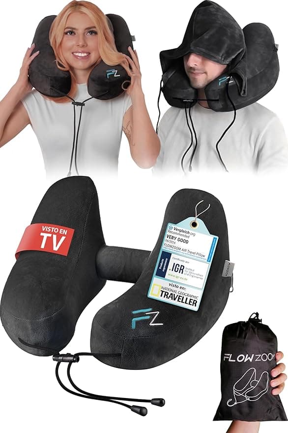 Detalle de FLOWZOOM Almohada de Viaje Hinchable 💤 Talla L con Capucha Negra