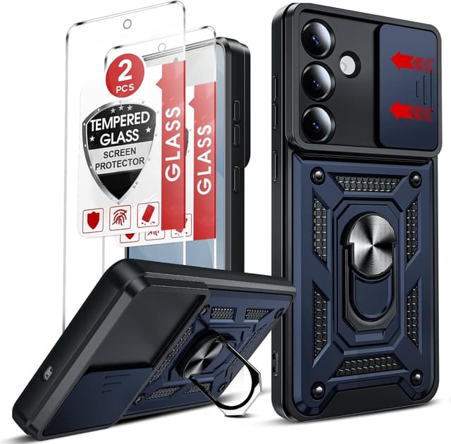 Detalle de LeYi rugged phone case for Samsung Galaxy S25 Edge with sliding camera cover, ring stand and 2 screen protectors (Blue)