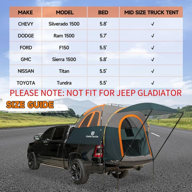 Detalle de Umbrauto Truck Bed Tent with Awning (5.5–5.8FT) — PU3000mm Waterproof Tailgate Pickup Tent for 2-Person Camping