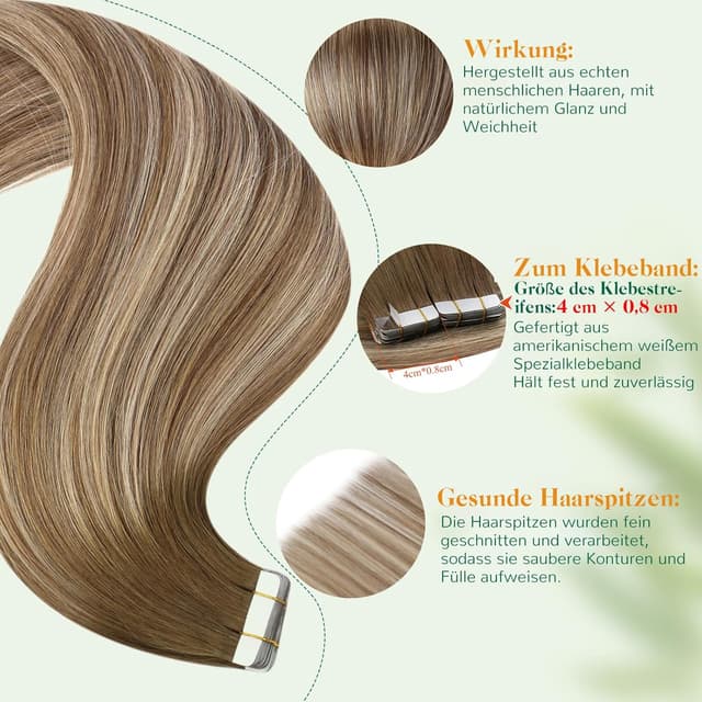 Detalle de Easyouth Haarverlängerung aus Remy-Echthaar (Balayage Hellbraun mit Blond), 35 cm, 40 g, 20 Stück