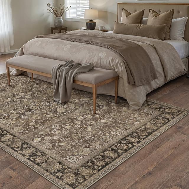 Detalle 2 de HUGEAR 8x10 Brown Floral Area Rug, Machine Washable 🏡