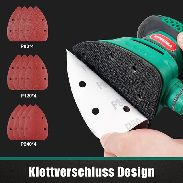 Detalle de HYCHIKA ponceuse bois 140 W – 13 000 OPM avec dépoussiérage et 12 papiers abrasifs