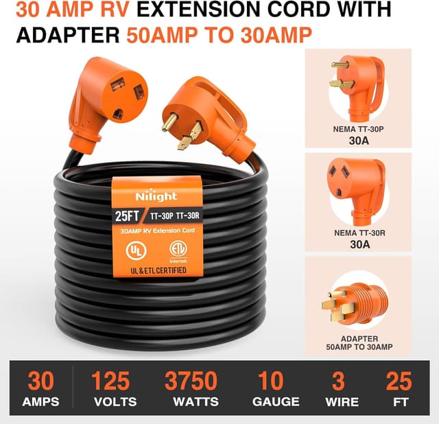 Detalle de Nilight 25FT 30 Amp RV Extension Cord (50Amp to 30Amp Adapter, 10/3 Pure Copper, UL/ETL)