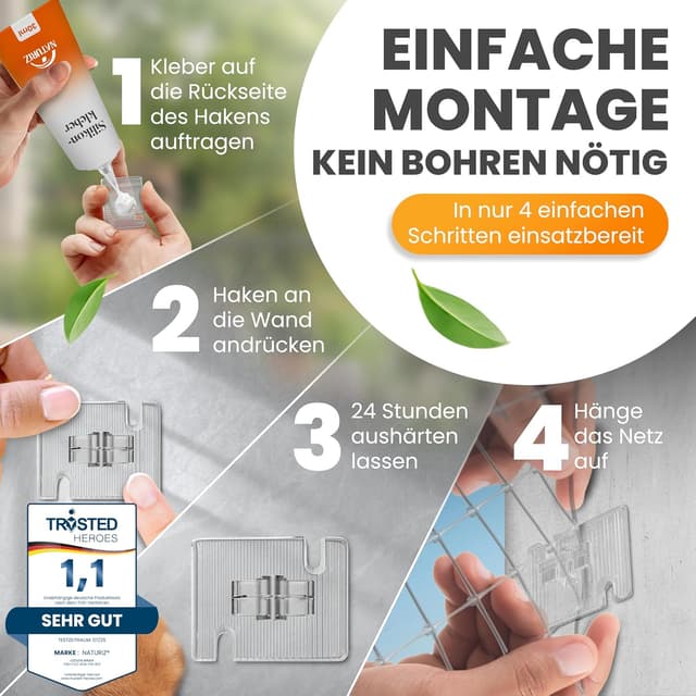 Detalle de Naturiz® Katzennetz für Balkon ohne Bohren (transparent) – inkl. Klebehaken & Silikonkleber, 3x8 m