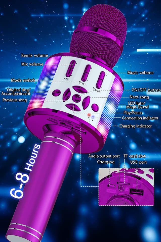 Detalle 2 de BONAOK Microfono Bluetooth Karaoke portatile per adulti con cambio voce e altoparlante (Viola)
