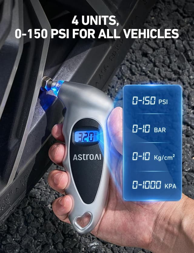Detalle de AstroAI Digital Tire Pressure Gauge (0–150 PSI) with Backlit LCD, Calibrated to ANSI B40.7, Presta Adaptor (4-Pack)