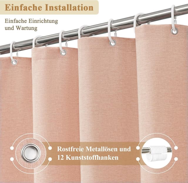 Detalle 2 de EurCross rideau de douche texturé effet lin rose 180×200 cm avec œillets et crochets