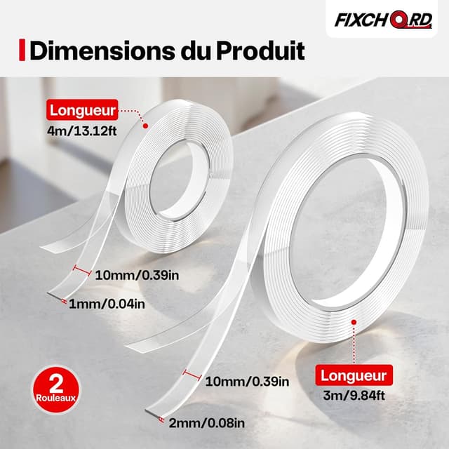 Detalle 2 de Ruban adhésif double face FIXCHORD extra fort, acrylique imperméable et transparent (amovible) pour murs, moquettes et tapis