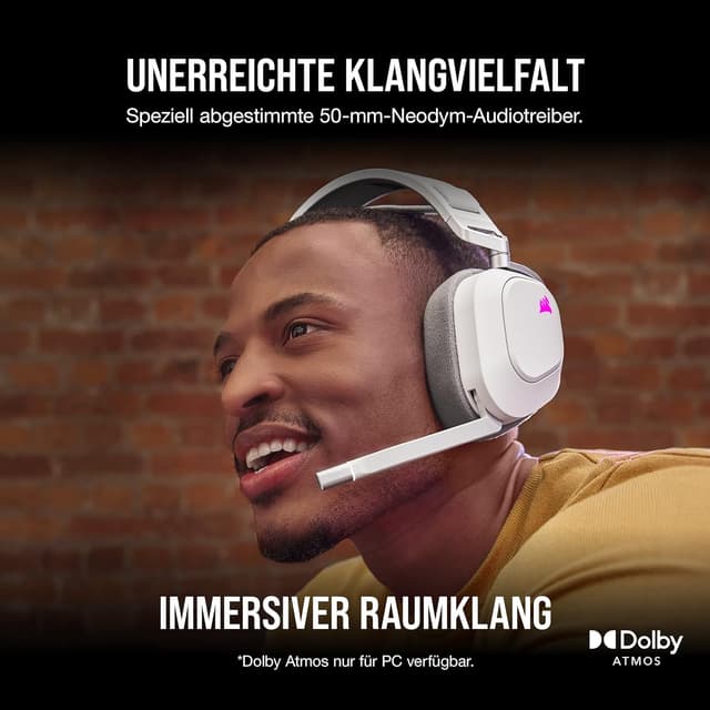 Detalle de Corsair HS80 RGB Wireless Multiplattform Gaming-Headset (Dolby Atmos, iCUE, omnidirektionales Mikrofon) in Weiß