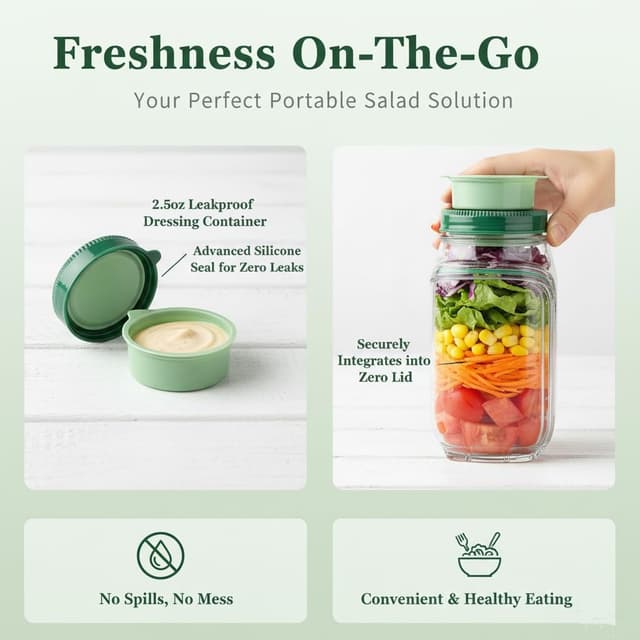 Detalle 2 de VIVIZEN Salad Pod Mason Jar Side Open with Leakproof Dressing Container (1 jar)