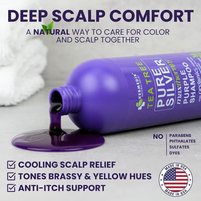Detalle de KESMEDIK Tea Tree Purple Shampoo with Rosemary & Aloe (Sulfate-Free) — Anti-Brass Toner for Gray, Bleached, White & Blonde Hair, 16 fl oz