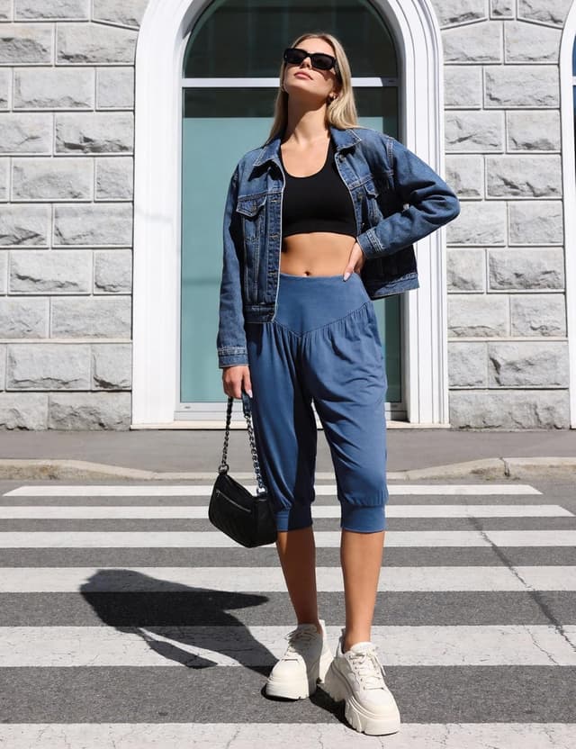 Detalle de Pantalon sarouel femme Terecey taille haute coupe ample 3/4 léger pour yoga, pilates et été