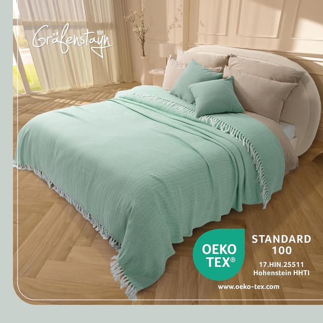 Detalle 2 de Gräfenstayn Premium Tagesdecke mit Fransen – 100% Baumwolle, Fischgrätenmuster, 150 x 200 cm (Mint)