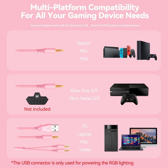 Thumbnail 6 de Jimonyer Gaming Headset for PC, PS4, PS5, Xbox One, Xbox Series, and Switch (3.5mm) — Pink with RGB, Stereo Surround & Noise-Canceling Mic