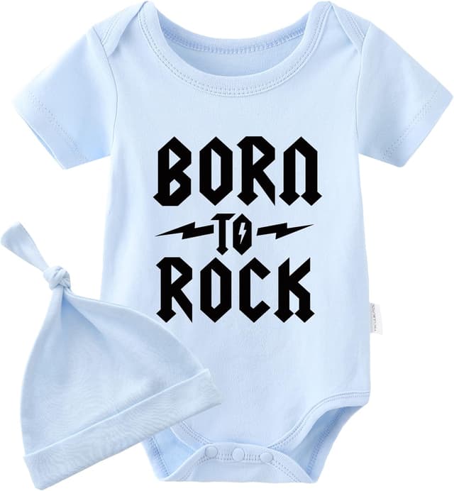 Detalle de culbutomind Baby-Zwillinge Strampler „Born To Rock“ – kurze Ärmel, mit Hut, 100% Baumwolle