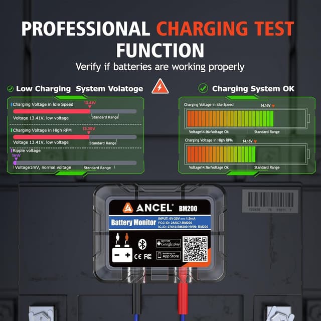 Detalle de ANCEL BM200Blue Batterie- & Batteriewächter mit Bluetooth für 12V LiFePO4 sowie Blei-Säure (Start- und Ladesystem-Test)