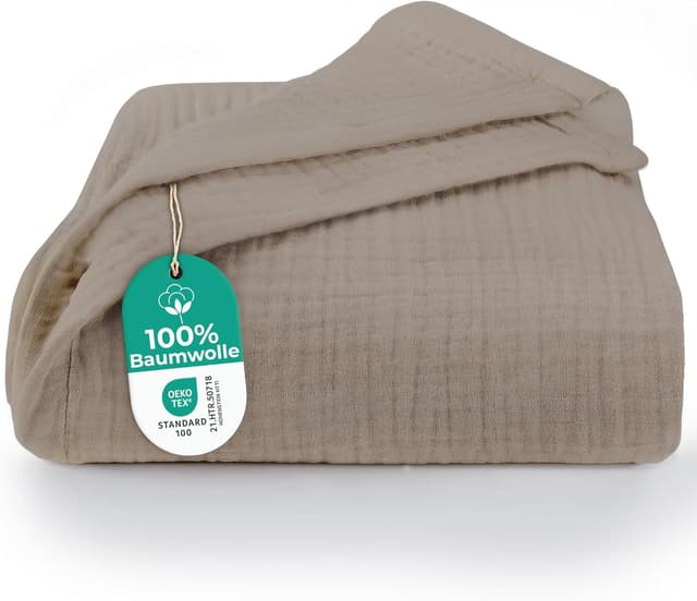 Detalle de Dreamzie Musselin Tagesdecke 220x240 cm (Baumwolle, Oeko-Tex) – Taupe