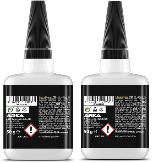 Detalle 2 de KRAFTPROTZ Sekundenkleber-Set (2× 50 g) flüssig & gel – extra stark, wasserfest & hitzebeständig, anti-austrocknend