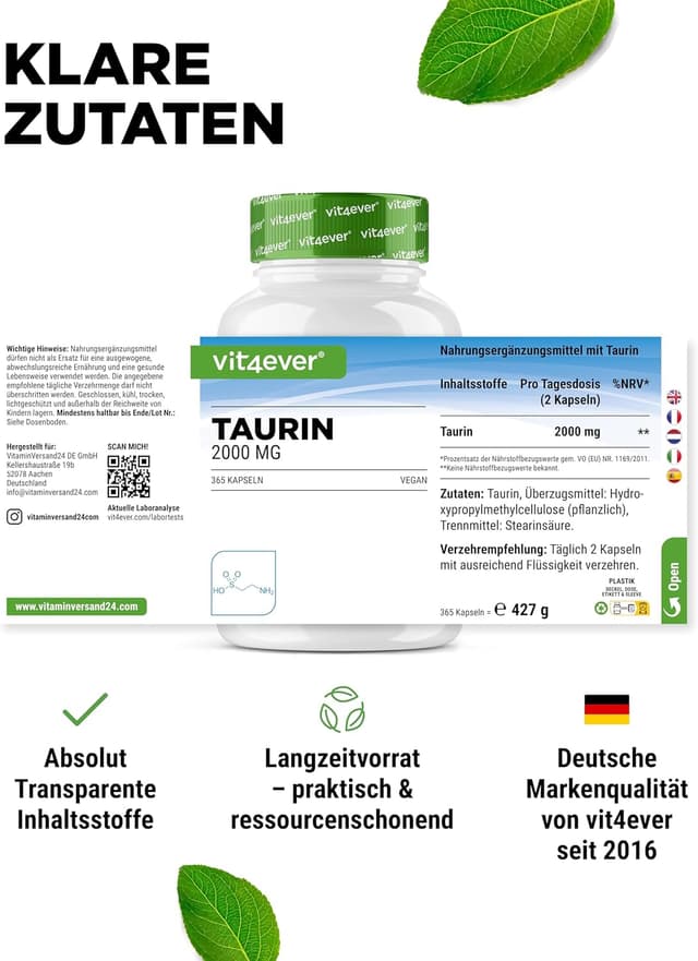 Detalle de vit4ever Taurin 365 Kapseln – 2000 mg Tagesdosis (2 Kapseln), vegan