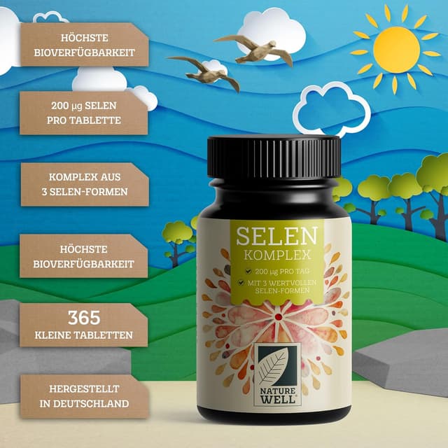 Detalle 2 de NatureWell Selen hochdosiert 365x – Selen 200 µg Tabletten (Komplex aus Selenhefe, L-Selenmethionin & Natriumselenit), 100% vegan