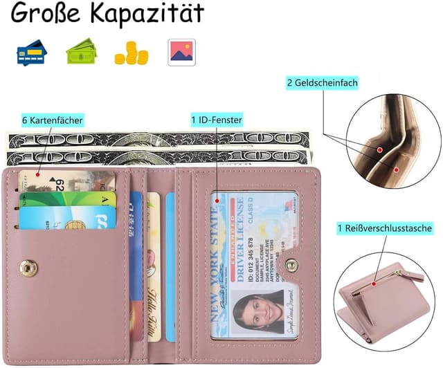 Detalle de RRANCharltu Damen Geldbörse klein aus Leder-Optik – Mini-Kurzgeldbeutel mit Reißverschluss, Dunkelrosa