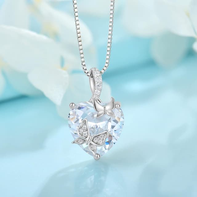 Detalle de FJ Schmetterling Kette Damen aus 925 Sterling Silber mit Herz-Anhänger und Geburtsstein