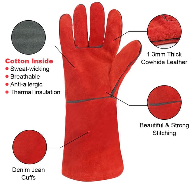Detalle de AUAUY Heat-Resistant Long Leather Gauntlets – protective fire gloves for welding, BBQ, oven & fireplace use (red)