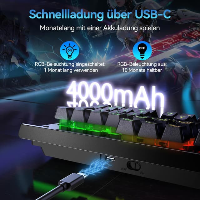 Detalle de TECKNET Gaming-Tastatur kabellos (QWERTZ, deutsches Layout) mit RGB, 105 Tasten und Handgelenkauflage