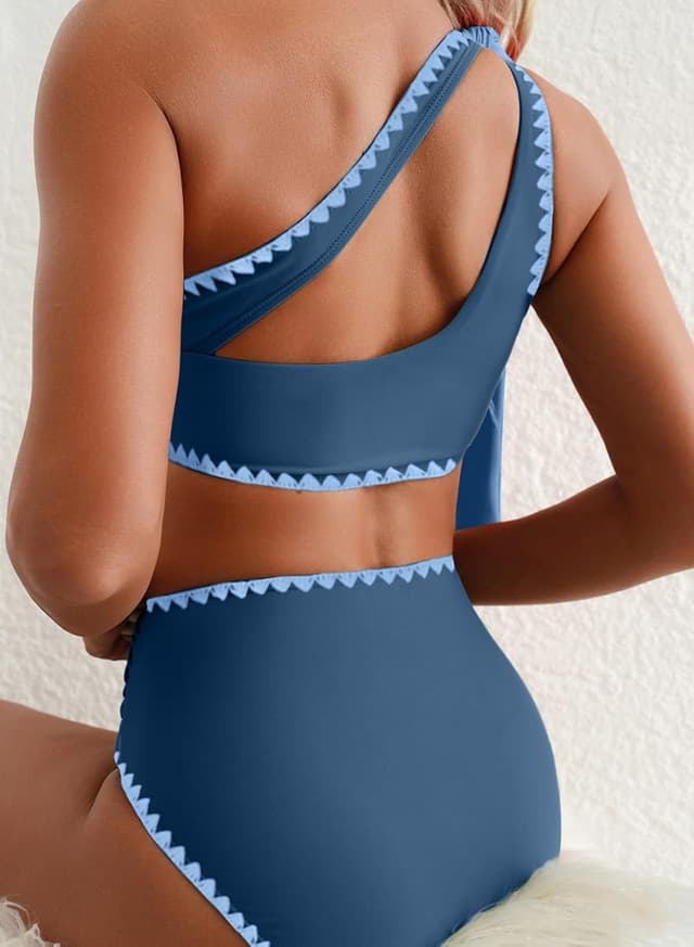 Detalle de Herseas Women’s One Bow Shoulder Ruched Bikini Set (2-Piece High-Waist)