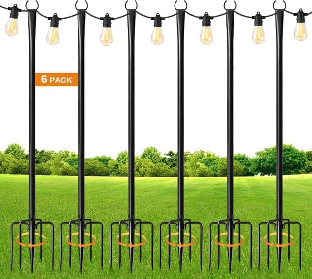 Detalle de HoldOneLight 6 Pack 9.8FT heavy duty metal outdoor light poles with ground stake & fork hooks