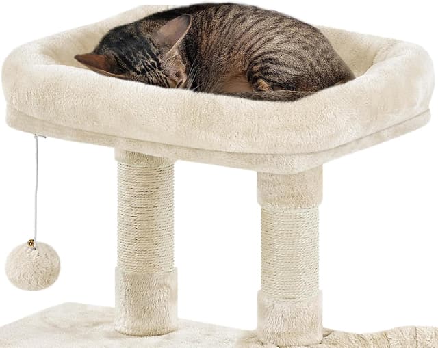 Detalle 2 de Yaheetech Multi-Level Cat Tree (96cm) with Large Condo Top Platform, Jangling Bell & Sisal Scratching Posts – Beige
